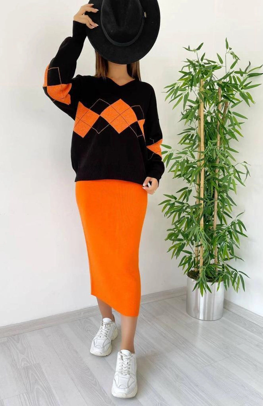 Black and Orange Skirt Suit